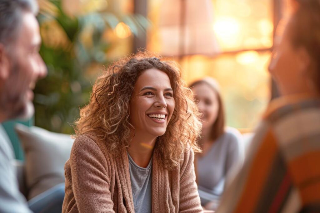 Woman smiles while talking to friends about the benefits of medication-assisted treatment