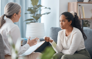 A woman asking, "What is psychotherapy?"